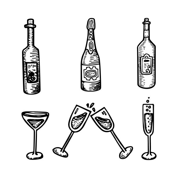 一套装有葡萄酒和葡萄的瓶子和玻璃杯图片下载