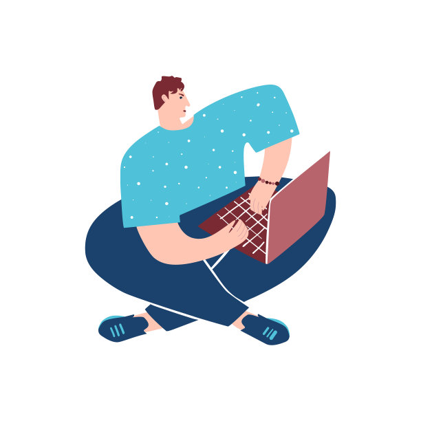 使用笔记本电脑工作的男人：自由职业者（矢量扁平卡通插画，白色背景）图片下载