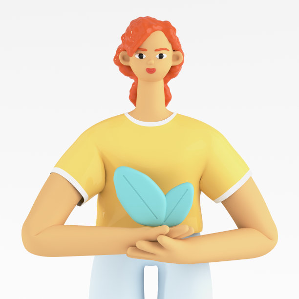 一个年轻快乐的女孩手里拿着一片树叶。健康的生活方式。一个自然与环保的概念徽章。生态，爱护自然。3d渲染插图。图片下载