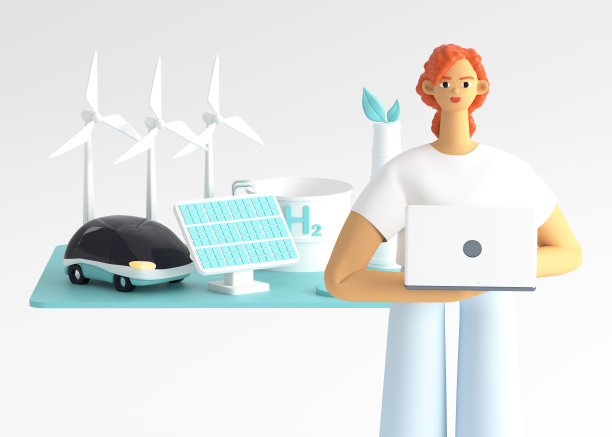 可再生绿色能源理念，可持续发展。在笔记本电脑前研究生态能源和新技术的妇女。为生态和经济而建的房子。3d渲染插图。图片下载
