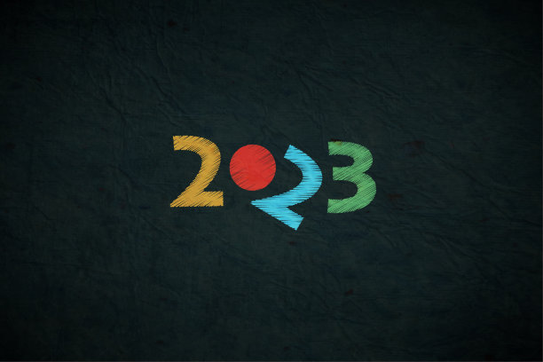 创意漫画或有趣的水平矢量背景或海报或横幅与文本年2023在振动彩色抚摸图案划痕垃圾质感黑色背景像皱绉纸倾斜2和一个红圈或圆形点图片下载