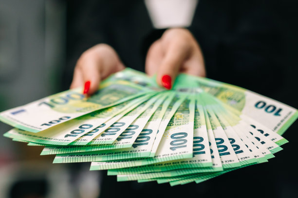 年轻女子商务女士，穿着别致的西装，穿着时尚，手里拿着一大笔欧元。业务和收入概念图片下载