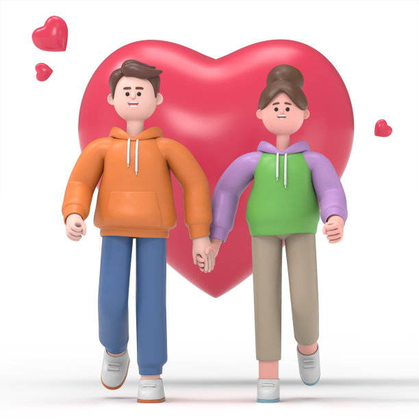 深情的夫妇拥抱的三维插图使心的象征。白色背景的3D渲染。图片下载