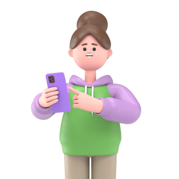 一个亚洲女孩Renae看着智能手机和聊天的3D插图。卡通人物在电话里说话和打字的肖像。沟通在社交网络，移动连接。白色背景的3D渲染。图片下载