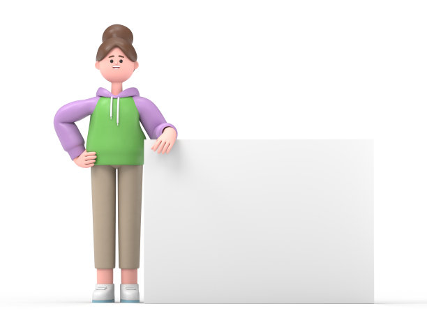 一个亚洲女孩Renae的3D插图，他的身体靠在白色的白板上。卡通人物的肖像站着，身体靠在展示板上，一只手臂搁在广告牌上。图片下载