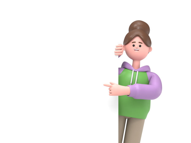 三维插图亚洲女孩Renae指着空白的演示文稿或信息板。靠近肖像的可爱卡通微笑的商人与广告牌。图片下载