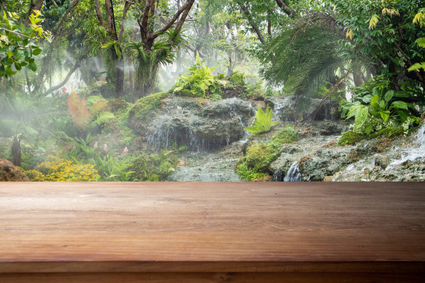 在自然花园的背景下，空荡荡的棕色木桌图片下载