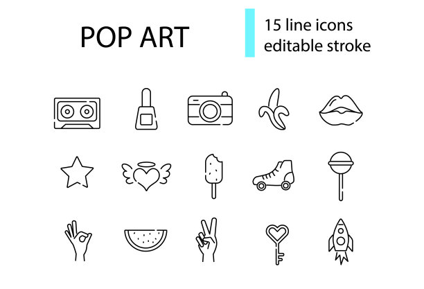 波普艺术线性图标收集。1960年代的复古设计。女人嘴唇、西瓜和手的姿势。向量股票插图图片下载