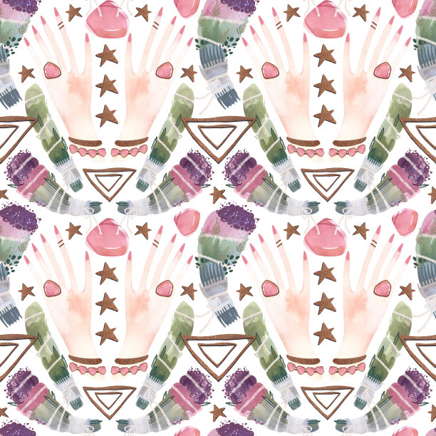 中医的手创造和谐。一种用草药和石头进行净化的神奇仪式。现代女巫的无缝图案。用于织物、墙纸和包装纸的水彩插图图片下载