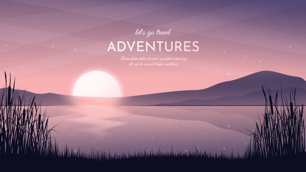 河边的日落。雾蒙蒙的景观。沼泽里的芦苇，青草，河岸上的香蒲。太阳落山了。图片下载