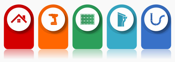 家庭服务图标集，杂项矢量图标，如房子，钻，太阳能，屋顶和排水沟和管道，现代设计信息图模板，网页按钮在5种颜色的选择图片下载