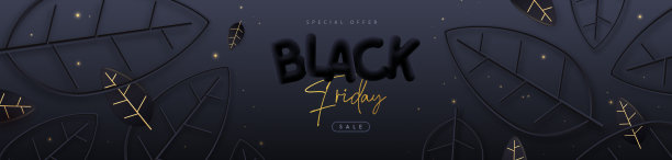 黑色星期五大销售海报与3D黑色塑料字母和黑色背景的叶子。矢量图图片下载
