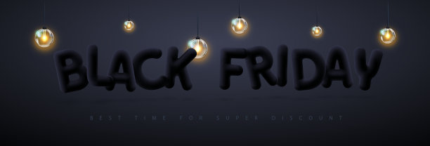 黑色星期五大促销海报与3D黑色塑料字母和电灯。矢量图图片下载