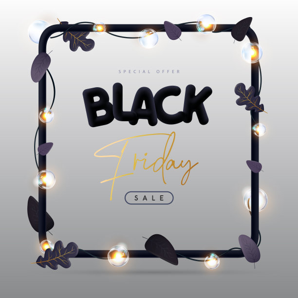 黑色星期五大促销海报与3D黑色塑料字母，秋叶和电灯。矢量图图片下载
