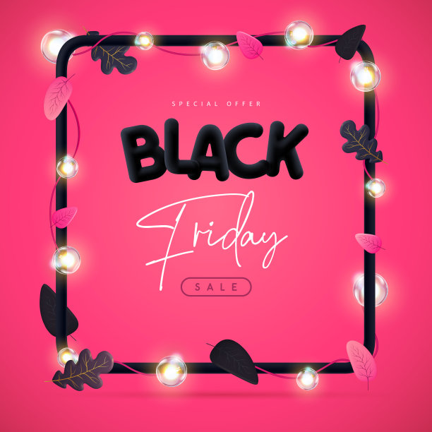 黑色星期五大促销海报与3D黑色塑料字母，秋叶和电灯泡在粉红色的背景。矢量图图片下载