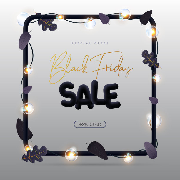 黑色星期五大促销海报与3D黑色塑料字母，秋叶和电灯。矢量图图片下载