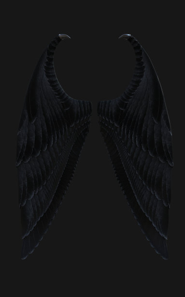 黑色天使的翅膀孤立在黑色的背景。3 d渲染。前视图。图片下载