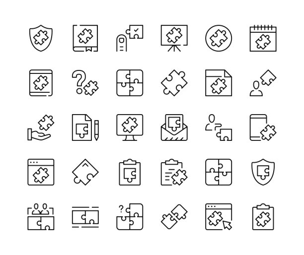 谜题。矢量线图标集。解决方案的概念。黑色轮廓笔画符号图片下载