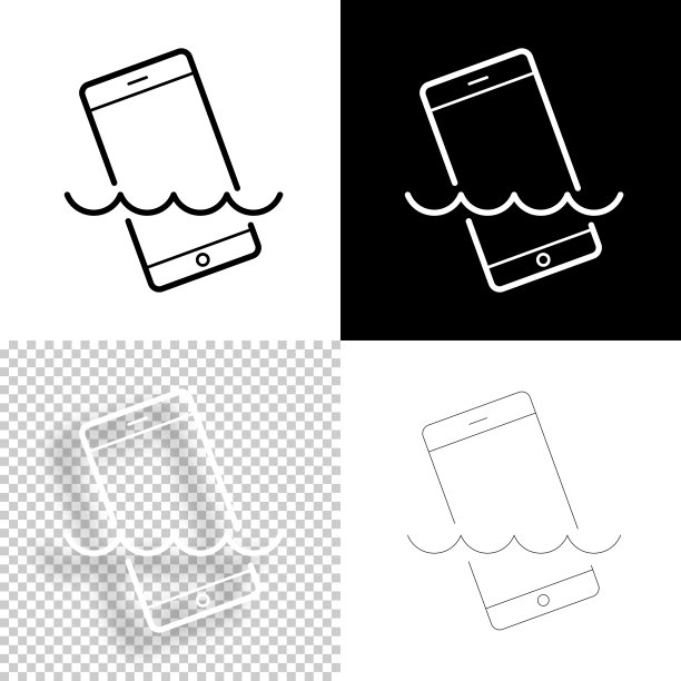 智能手机在水里。图标设计。空白，白色和黑色背景-线图标图片下载