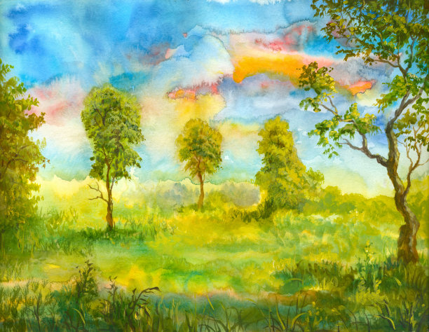 春天山水，水彩画图片下载