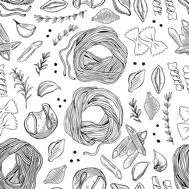 手绘意大利面无缝矢量图案。意大利面和其他种类的意大利面矢量图。线的艺术。手绘黑色和白色意大利面收集图片下载
