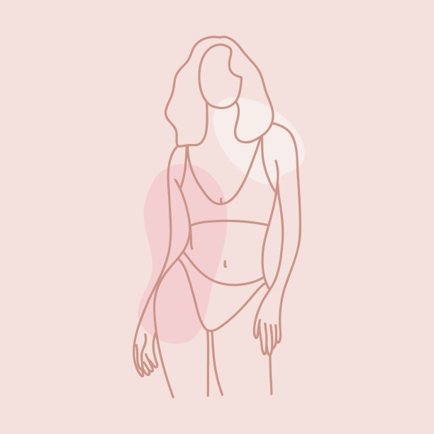 女人的身体。穿泳装或内衣的女性轮廓。手绘粉彩粉色最小插图。性感美丽的皮肤女性角色在胸罩和内裤。卡片或海报。向量线孤立集图片下载