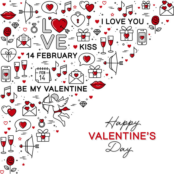 祝你情人节快乐。爱的轮廓图标集。图片下载