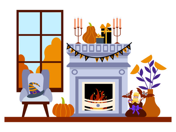 一个舒适的室内概念为秋季假期。客厅的插图，有一个大窗户，壁炉和装饰着南瓜和万圣节装饰的扶手椅。平面风格的插图。图片下载