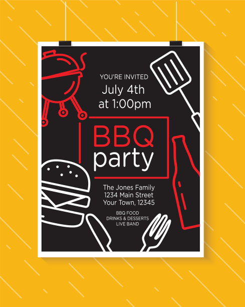 五彩缤纷的烧烤派对邀请设计模板，亮丽的色彩和线条艺术设计元素图片下载