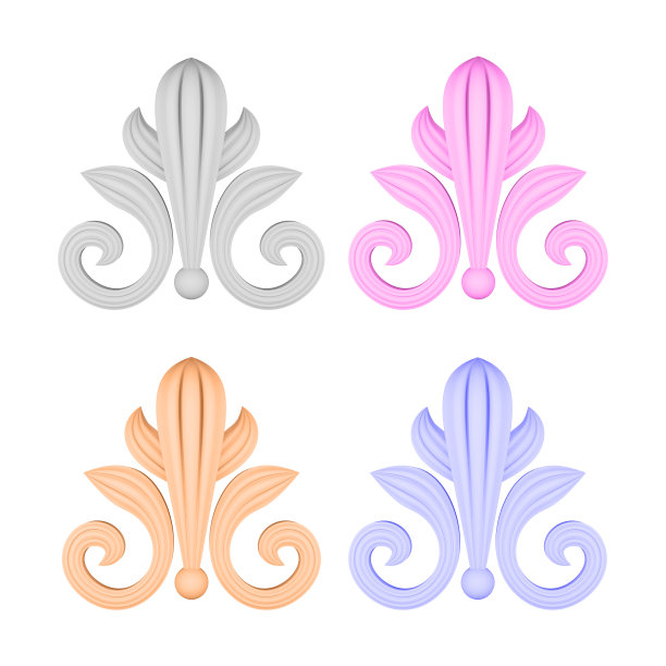 在白色背景上雕刻不同颜色的荷花的镂空装饰元素的一组3D物体图片下载