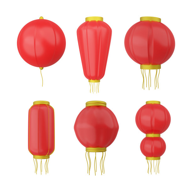 设置三维插图渲染中国新年灯笼在白色背景上的红色图片下载