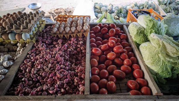 市场上出售各种各样的蔬菜、块茎和鸡蛋图片下载