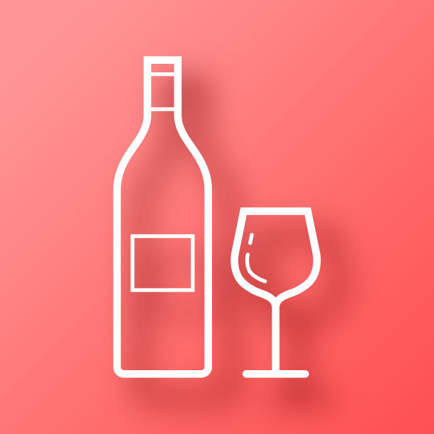 酒瓶和酒杯。图标在红色背景与阴影图片下载