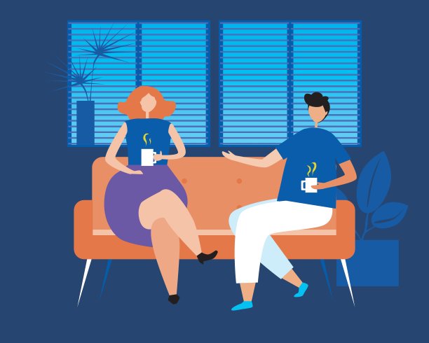 朋友在家喝茶作为交流理念，平面矢量stock插画与男人和女人在家沙发上图片下载