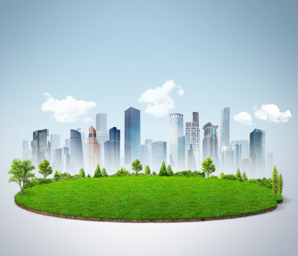 草皮模型。生态设计理念。建筑天际线背景。图片下载
