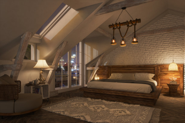 斯堪的纳维亚风格的阁楼卧室室内在晚上图片下载
