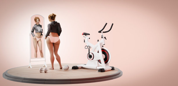 年轻的胖女孩看着镜子里的自己，发现自己很苗条。三维插图渲染图片下载