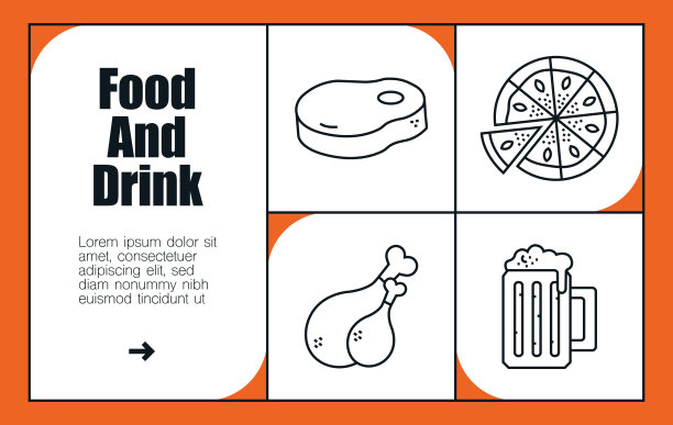 食品和饮料线图标集和横幅设计。牛排，鸡肉，寿司，披萨，汉堡，浓缩咖啡，水图片下载