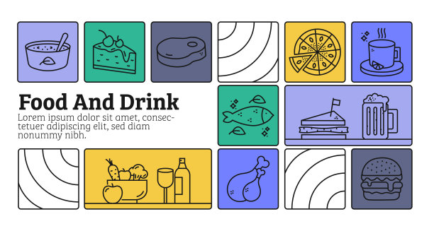 食品和饮料线图标集和横幅设计。牛排，鸡肉，寿司，披萨，汉堡，浓缩咖啡，水图片下载