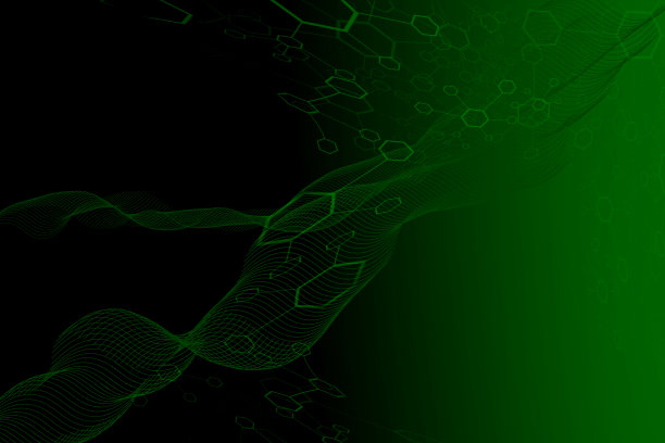 梯度绿色背景与六边形分子模式和波浪织物。图片下载