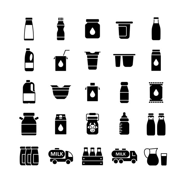 牛奶罐和瓶子矢量字形图标图片下载