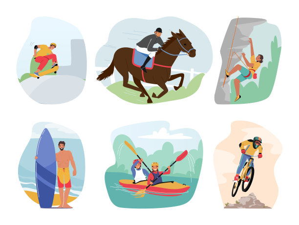 一组男女角色参与极端假期。男人和女人骑滑板或赛马图片下载