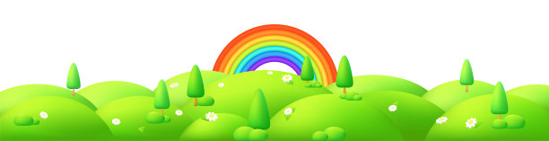 卡通风格的矢量插图可爱的绿色草地在春天，户外3D场景与山，花，树。理想的环保设计和横幅。彩虹山谷背景图片下载