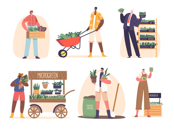 农民人物培育微型蔬菜，种植和销售营养丰富，美味的芽，矢量插图图片下载