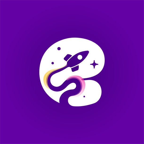 字母E标志与火箭发射轨迹，行星和恒星。负空间风格的图标。图片下载