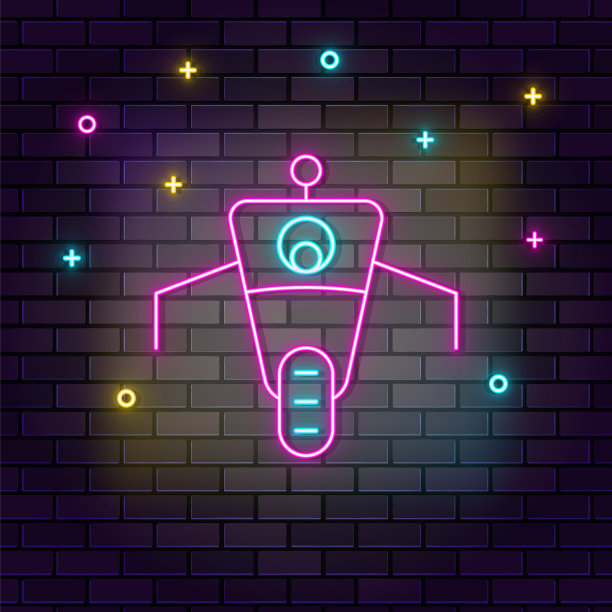 机器人，汽车图标，墙上的霓虹灯。深色背景砖墙霓虹灯图标图片下载