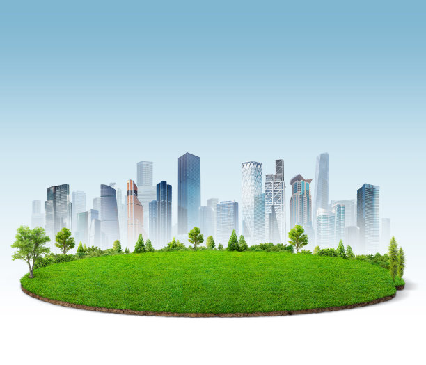 草皮模型。生态设计理念。建筑天际线背景。图片下载