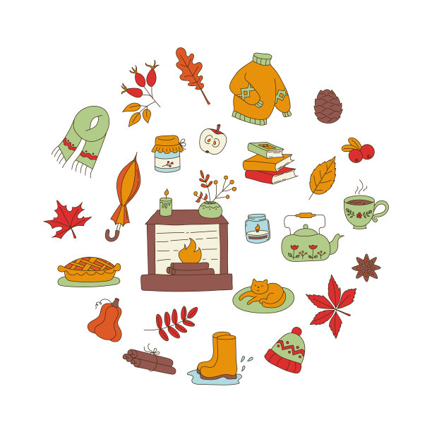 一套秋天的季节元素。秋天收集。平面颜色矢量插图。图片下载