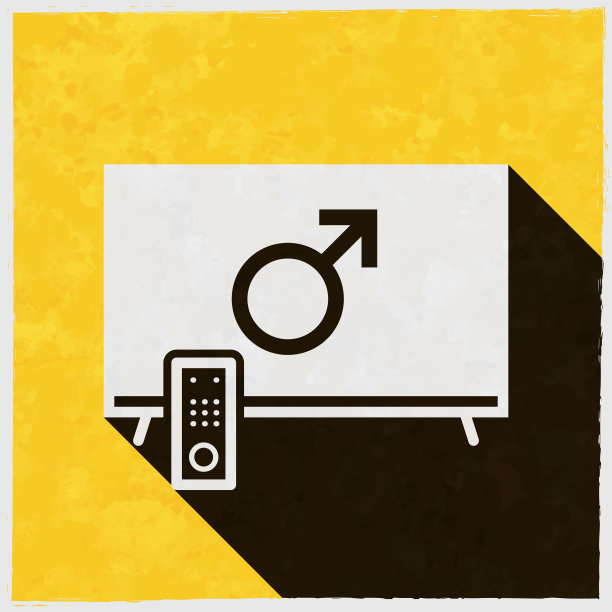 带有男性符号的电视。图标与长阴影的纹理黄色背景图片下载
