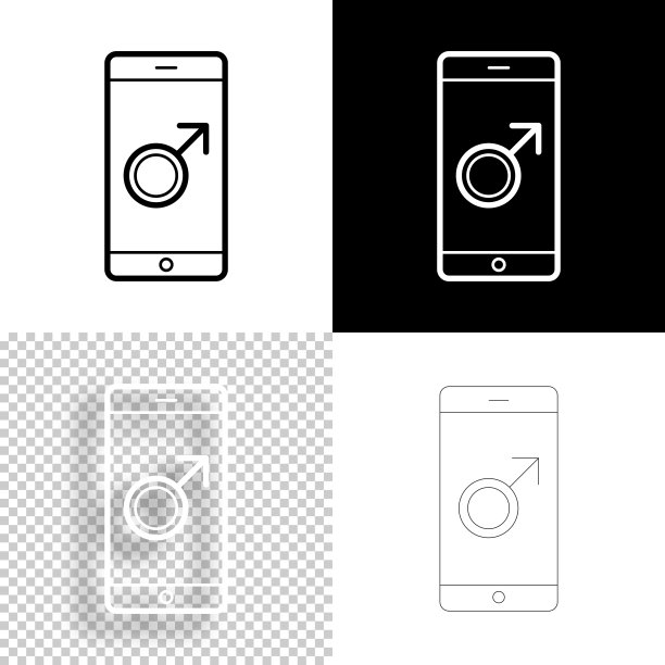 带有男性符号的智能手机。图标设计。空白，白色和黑色背景-线图标图片下载